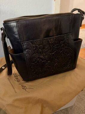 Leather Floral Embossed Crossbody Bag - Navy Blue